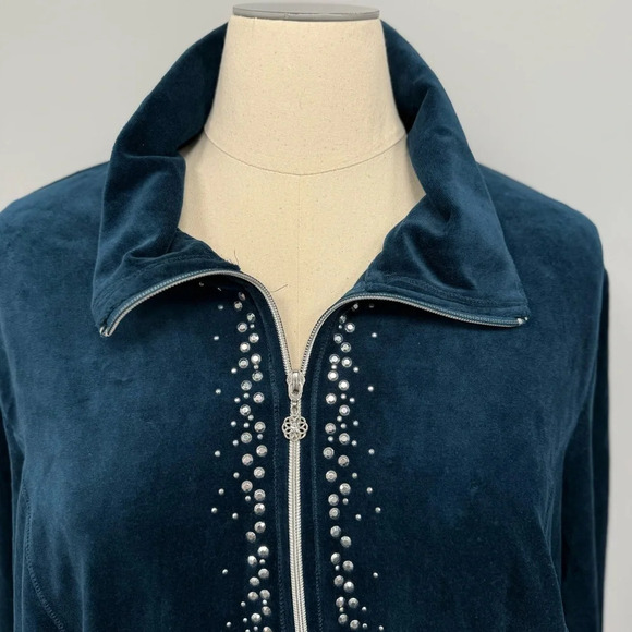 NEW Catherines Velour Cozy Full Zip Jacket Rhinestone Beaded Plus 3X Teal Green - Picture 5 of 6